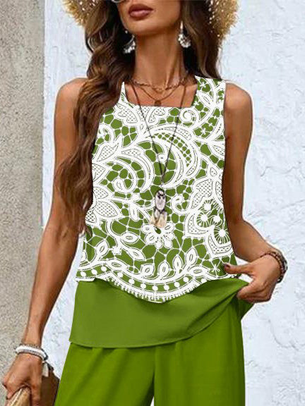 Women's Sleeveless Square Collar Floral Printed Casual Set