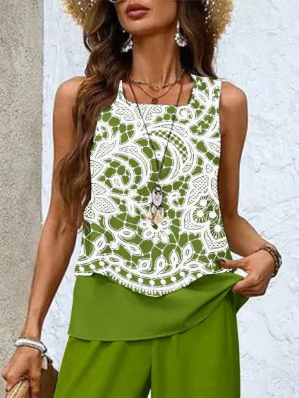 Women's Sleeveless Square Collar Floral Printed Casual Set