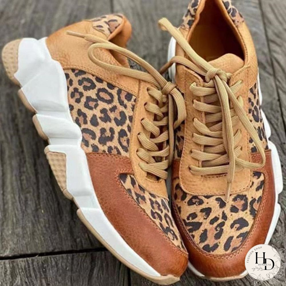 Plus size 36-44 New Thick-soled Round Toe Low-top Leopard Print Women's Singles Cross-large Stitching Lace-up Sneakers