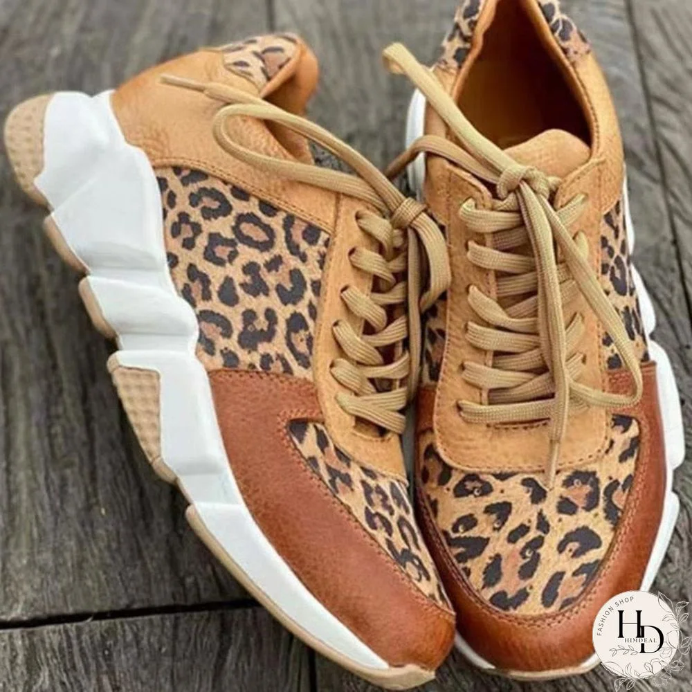 Plus size 36-44 New Thick-soled Round Toe Low-top Leopard Print Women's Singles Cross-large Stitching Lace-up Sneakers