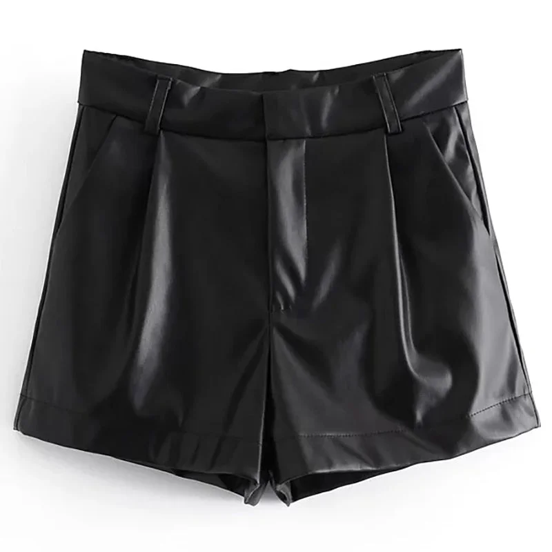 Aachoae Women Chic Solid Color PU Faux Leather Shorts High WaisT Zipper Fly Shorts With Side Pockets Female Casual Trousers