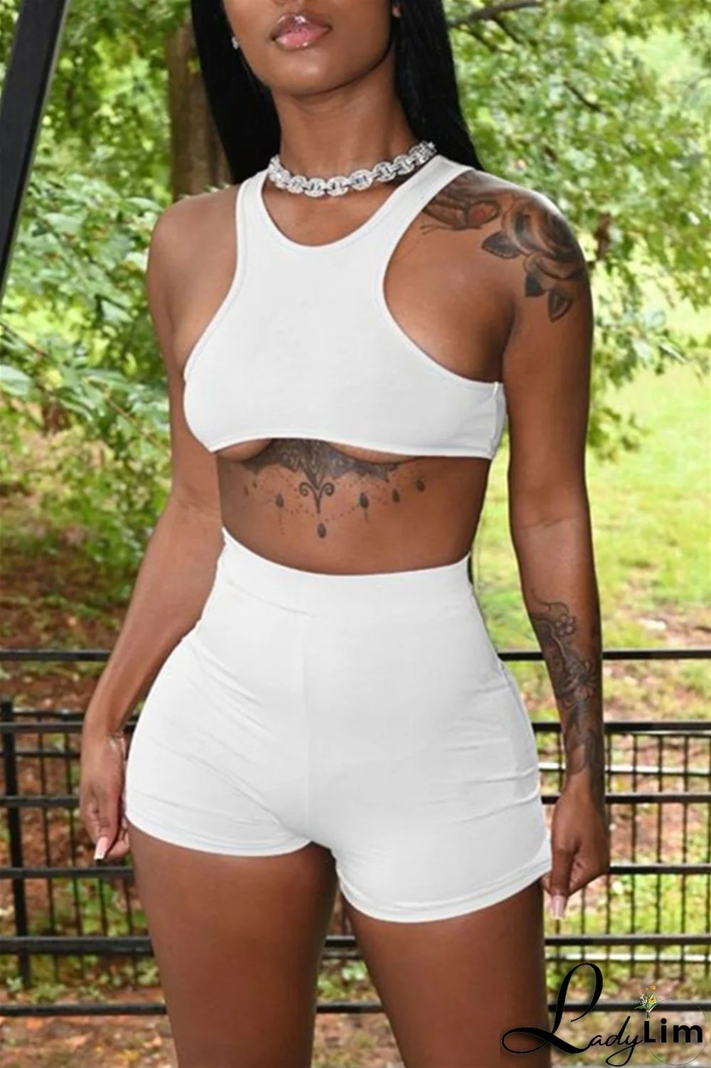 Orange Fashion Casual Sportswear Solid Basic O Neck Sleeveless Two Pieces