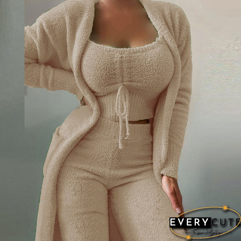 Autumn Winter New Women Fashion Casual Plush Lace-Up Vest+Long Cardigan+Trousers Suits Soft Fuzzy Solid Three Piece Set Outfits