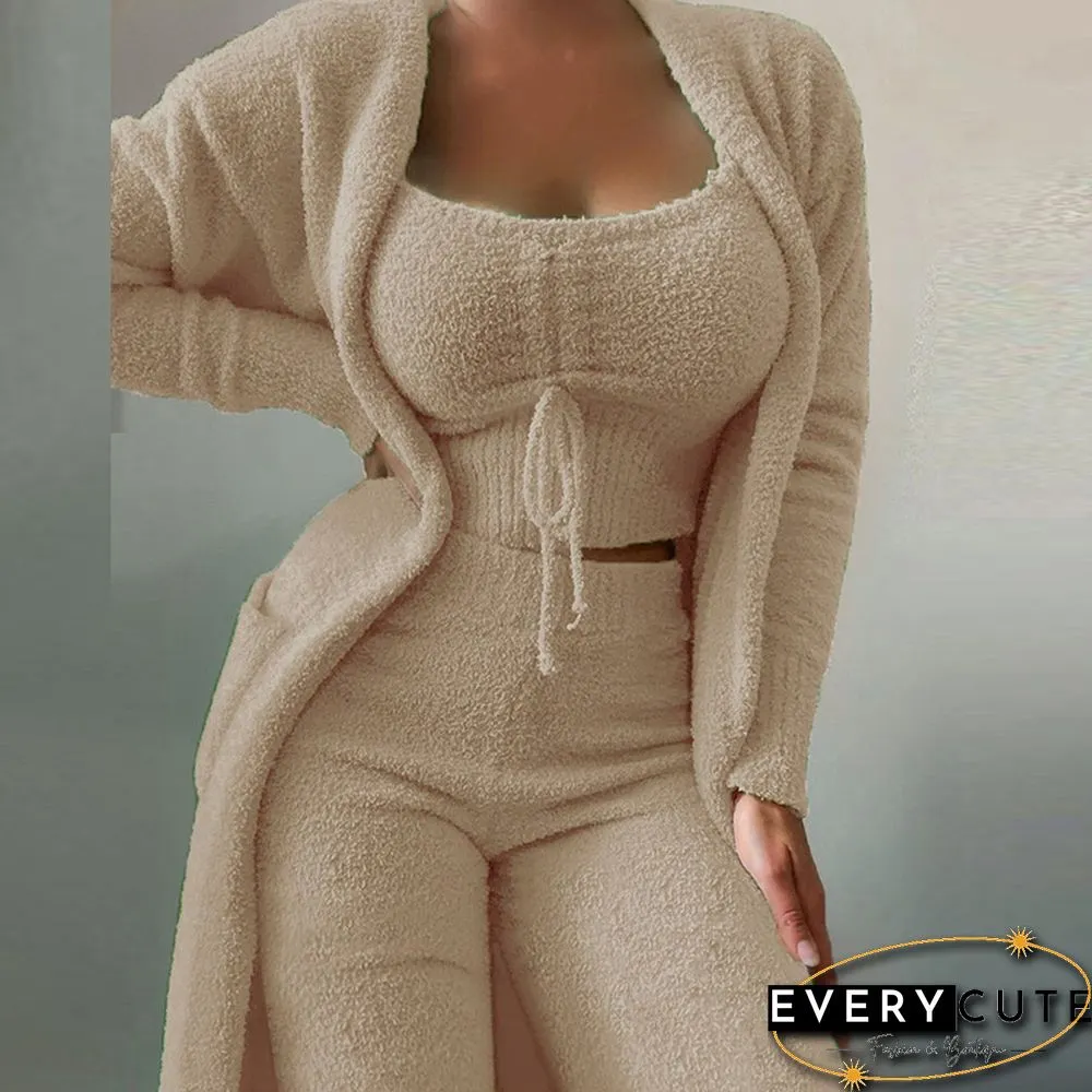 Autumn Winter New Women Fashion Casual Plush Lace-Up Vest+Long Cardigan+Trousers Suits Soft Fuzzy Solid Three Piece Set Outfits