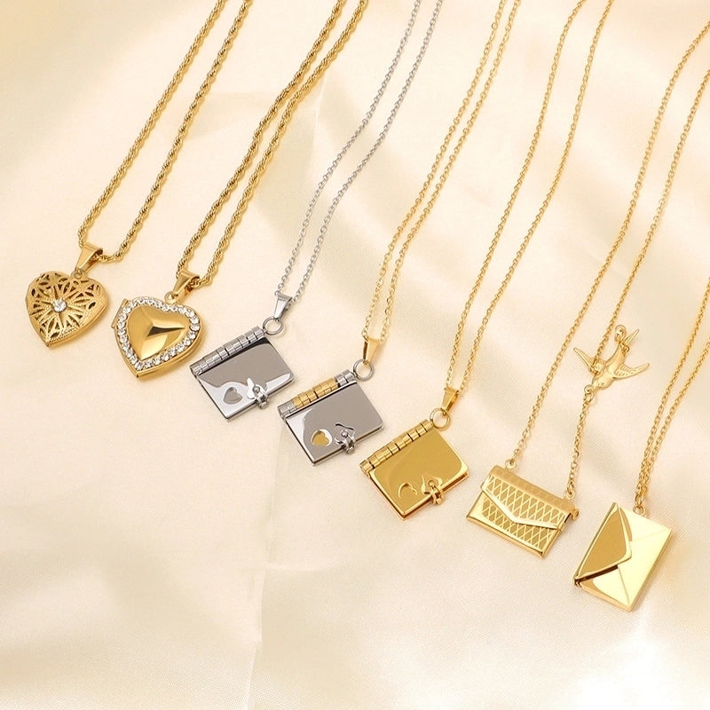 IG Style Envelope Heart Shape Titanium Steel Zircon Gold Plated Inlay Pendant Necklace
