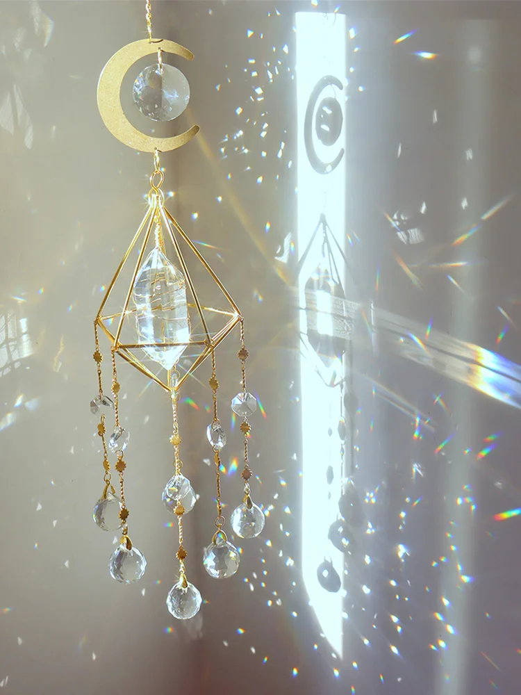 Metal Rainbow Collection Hanging Hexagon Moon Crystal Prisms Wind Chimes