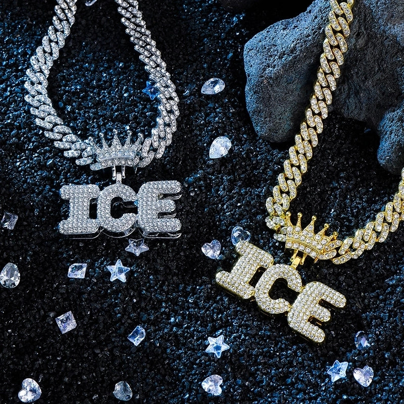1PC New Arrival Gold Jewelry Man Silver Plated Color Letter ICE Charm Necklace Bling Bling Hip Hop Crown Design Jewelry With Cuban LInk Chain