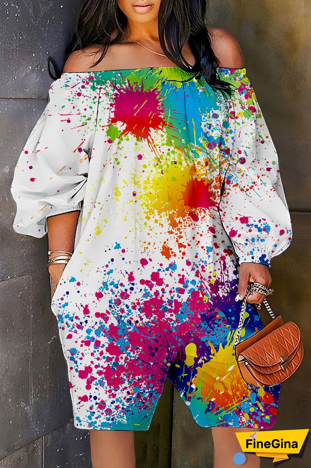 Cyan Casual Print Backless Off the Shoulder Regular Romper