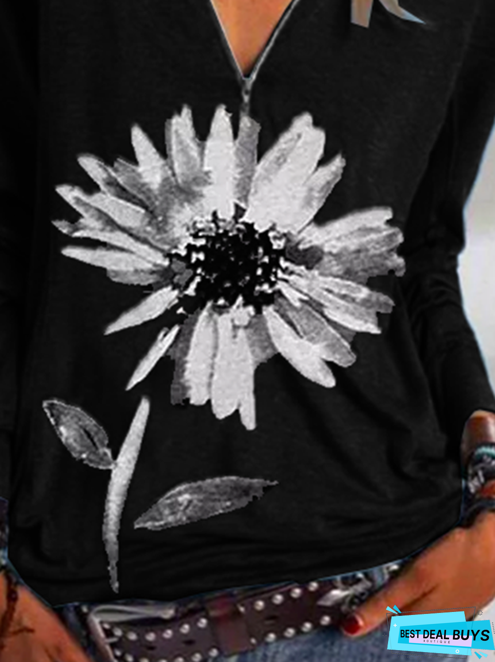 Casual Floral V Neck Loose Tunic Sweatshirt