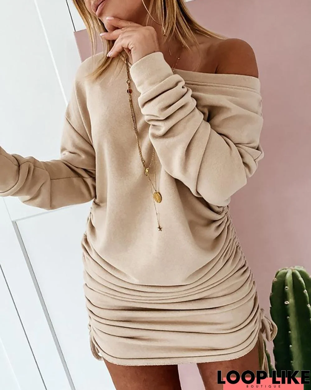 Long Sleeve Ruched Drawstring Bodycon Dress