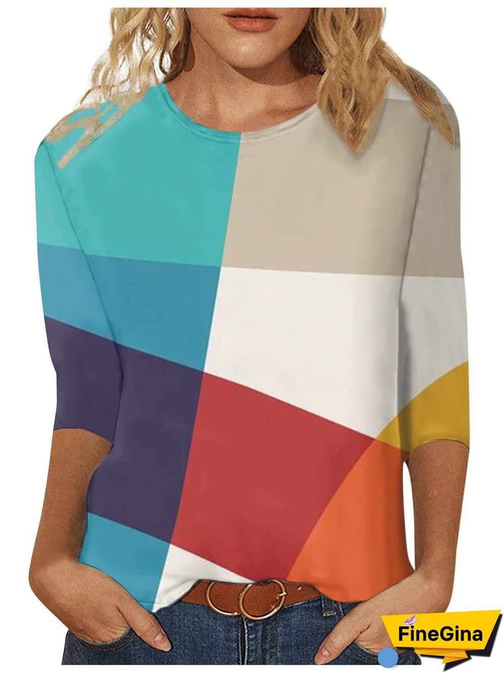 Women's Graphic Pattern Solid Color Scoop Neck 3/4 Sleeve Top