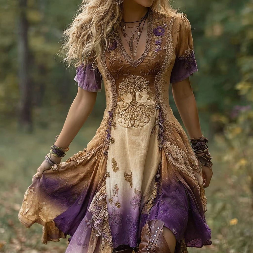 Women's Vintage Viking Tree Of Life Gradient Midi Dress