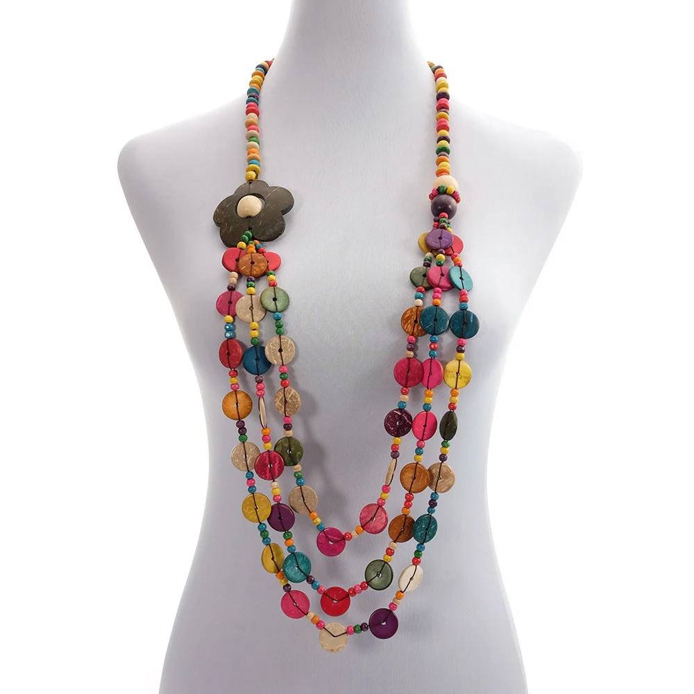 Statement Layered Beaded Coir Pendant Necklace