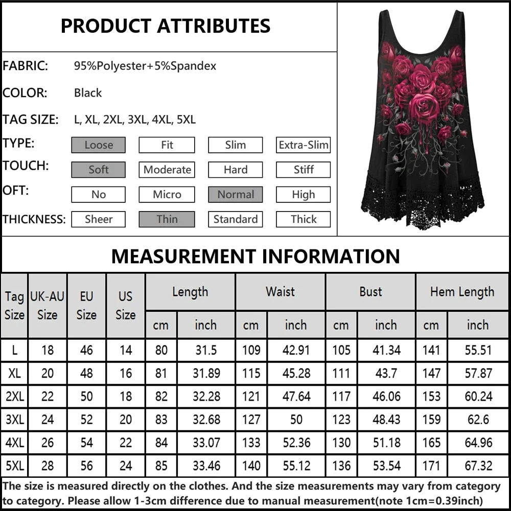Plus Size 5XL Rose Floral PrintVest  Women Tank Tops Fashion Sleeveless Ladies T-Shirts Casual Summer for Female Streetwear D30