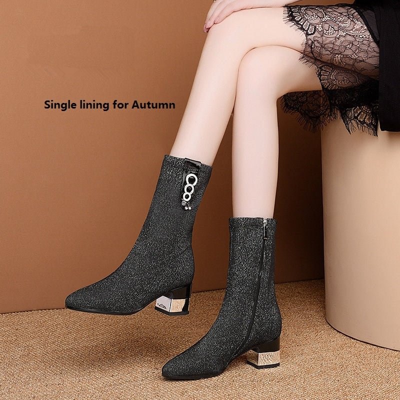 Elastic Boots Woman MID Heels Sock Boots Women Booties Autumn/Winter Shoes Pointed toe Rhinestone 2020 Female Footware BLACK