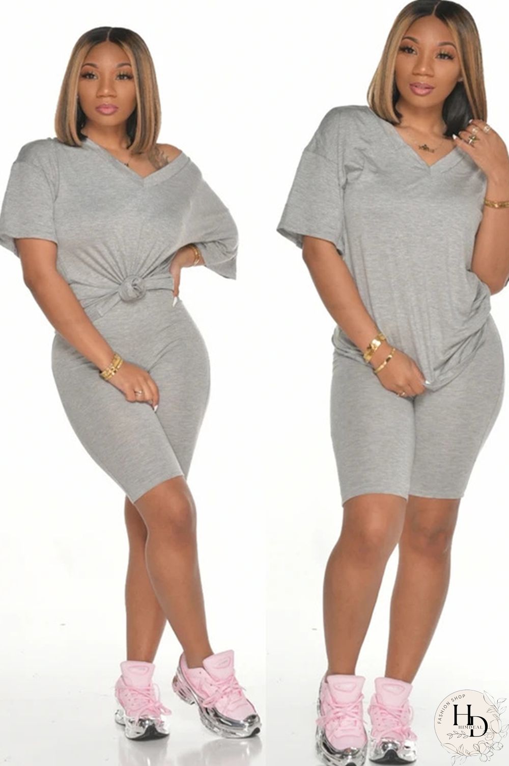 Yellow knit Casual Patchwork Two Piece Suits Solid pencil Short Sleeve