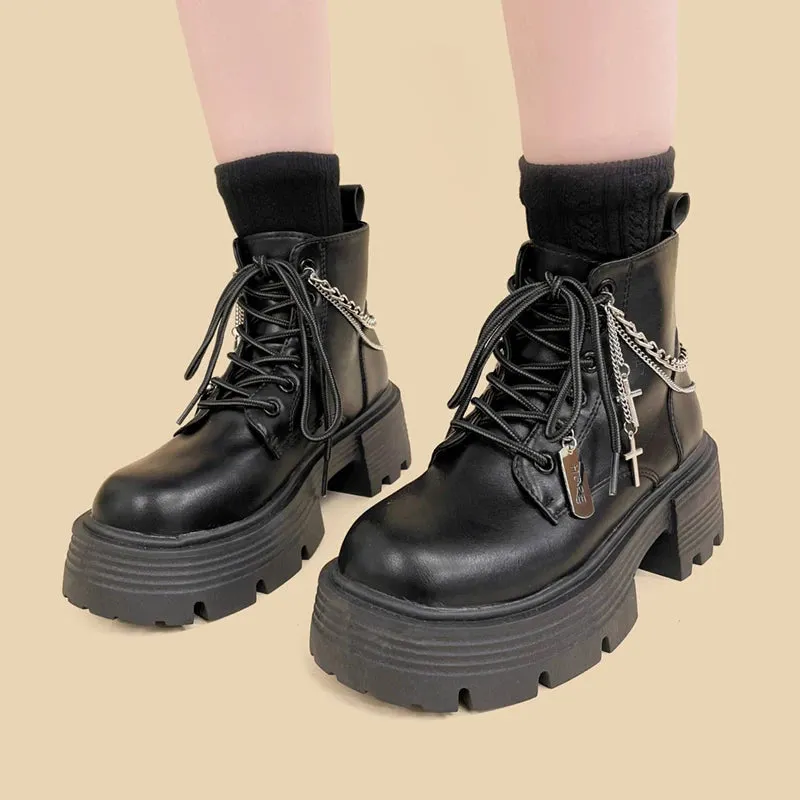 Brownm Chain with Cross Combat Boots