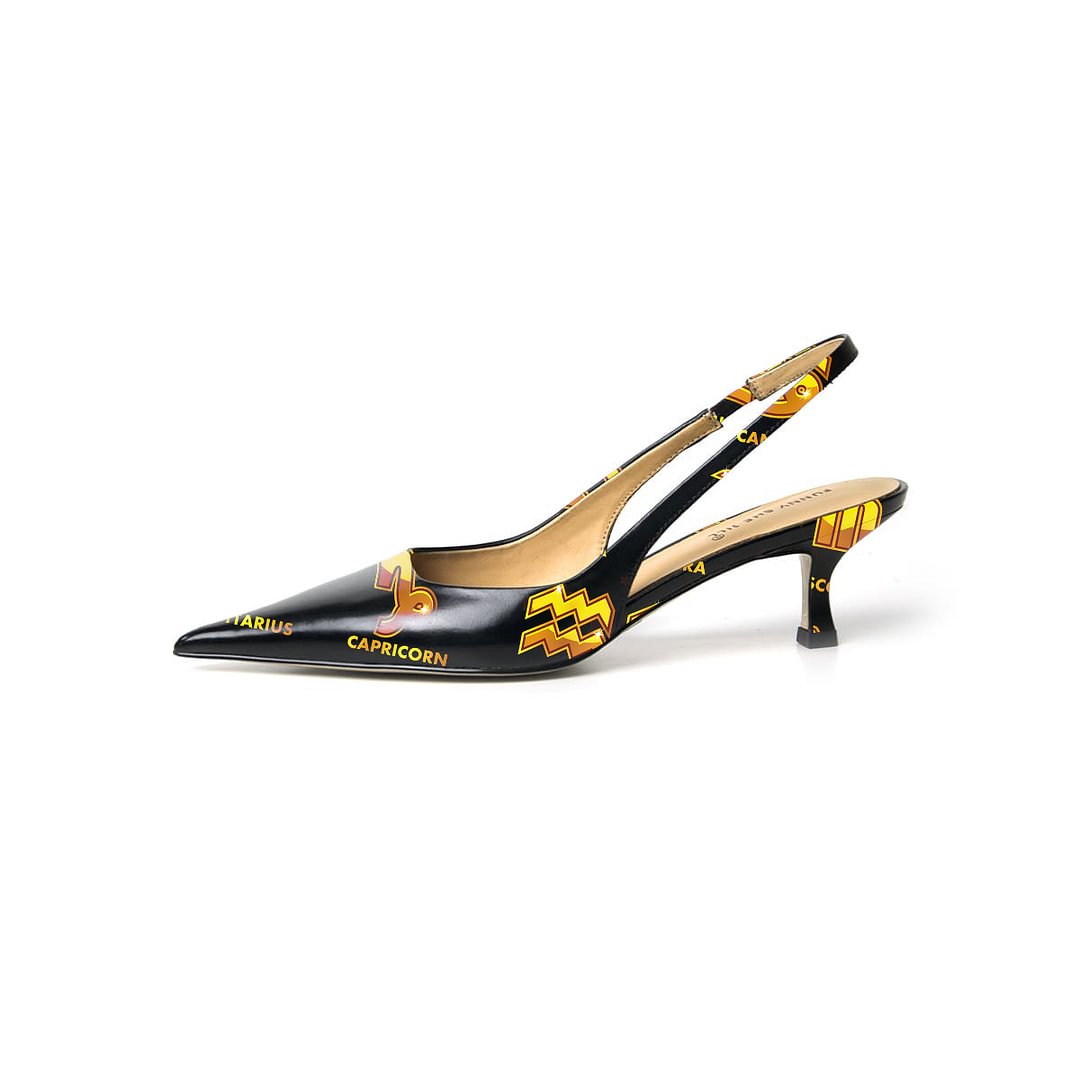 Black Bottom Cartoon Pattern Patent Leather Pointed Toe Elegant Kitten Heel Nicepairs