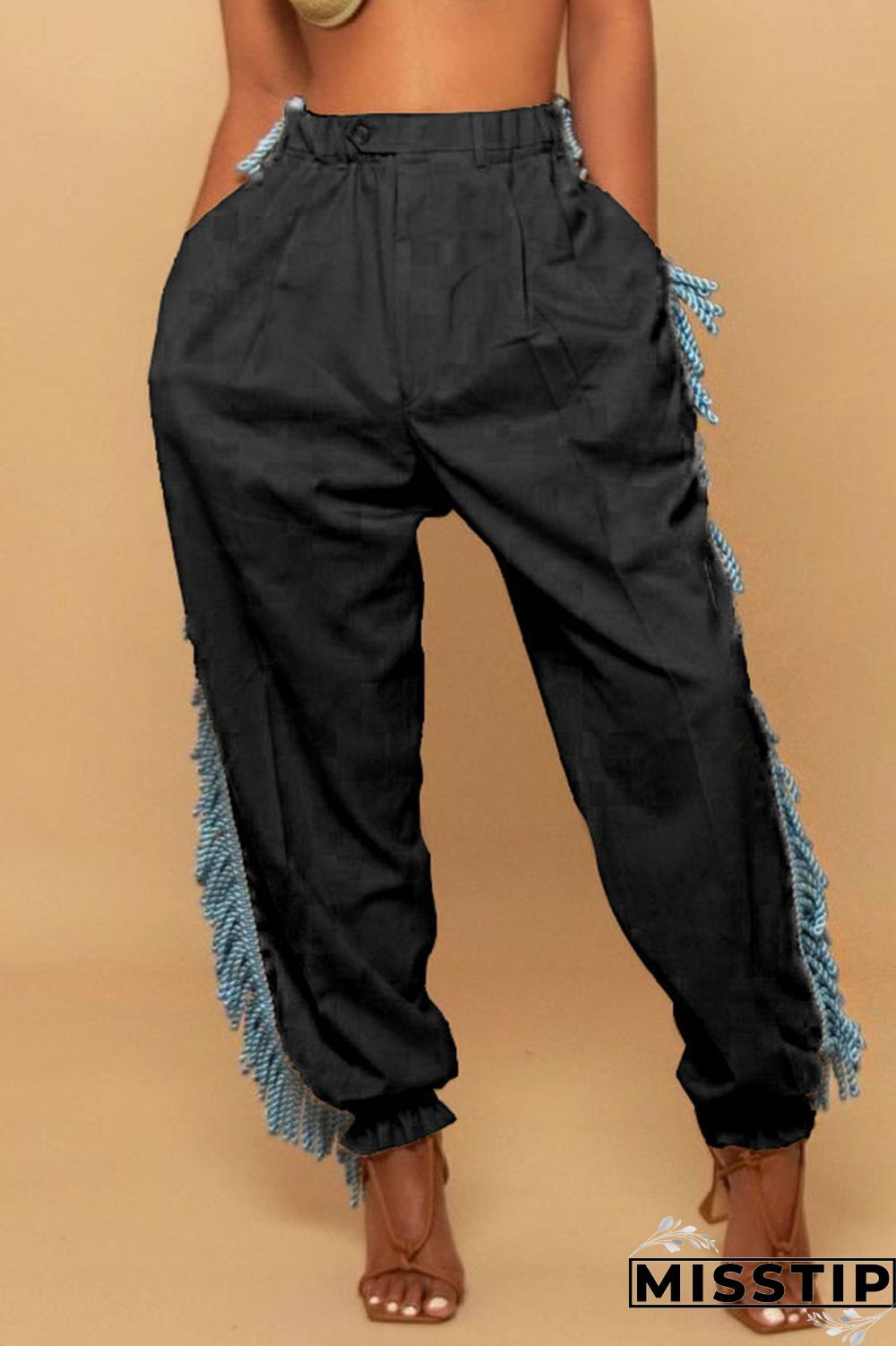 Black Casual Solid Tassel Patchwork Loose High Waist Pencil Solid Color Bottoms