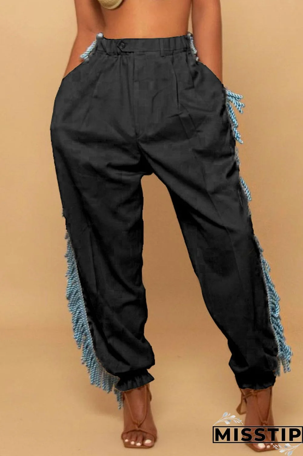 Black Casual Solid Tassel Patchwork Loose High Waist Pencil Solid Color Bottoms