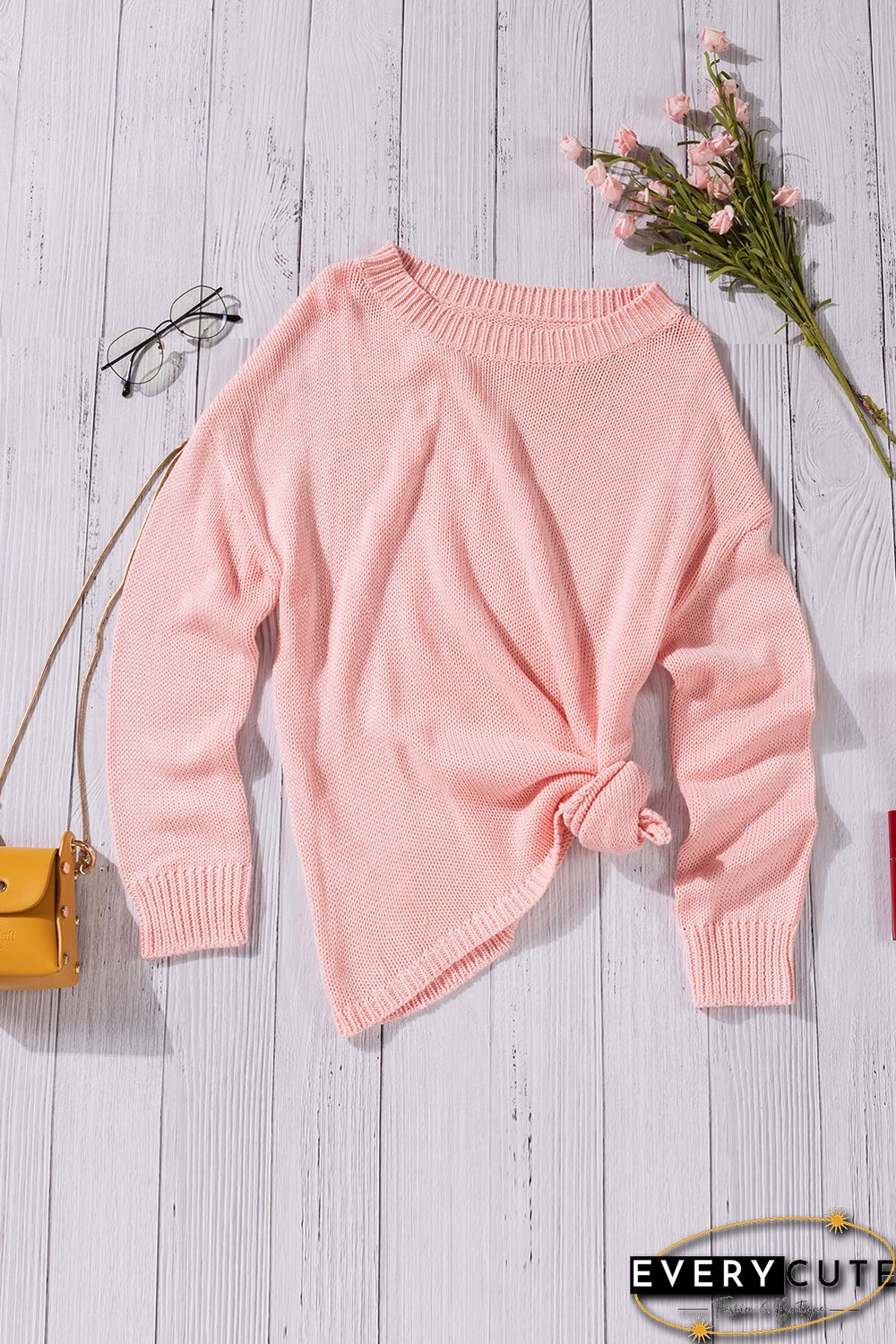 Pink Oversize Knitted Drop-shoulder Sleeve Sweater