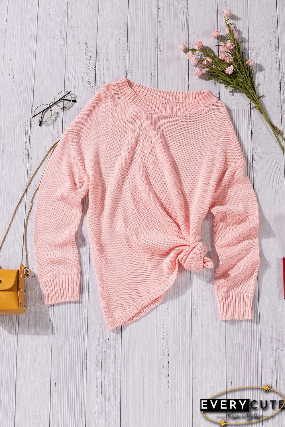 Pink Oversize Knitted Drop-shoulder Sleeve Sweater