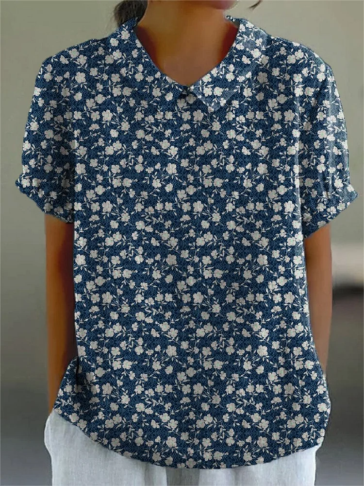 Women's Vintage Floral Art Print Casual Cotton And Linen Shirt