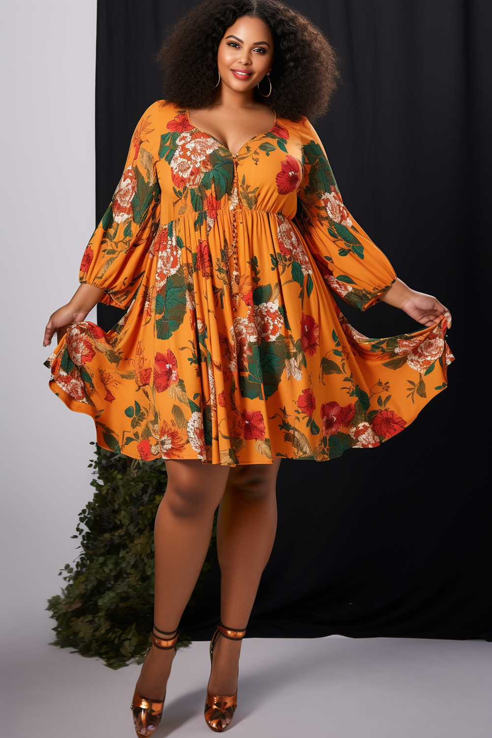 Design Plus Size Daily Casual Yellow Floral V Neck Lantern Sleeve 3/4 Sleeve Knitted Mini Dresses [Pre-Order]