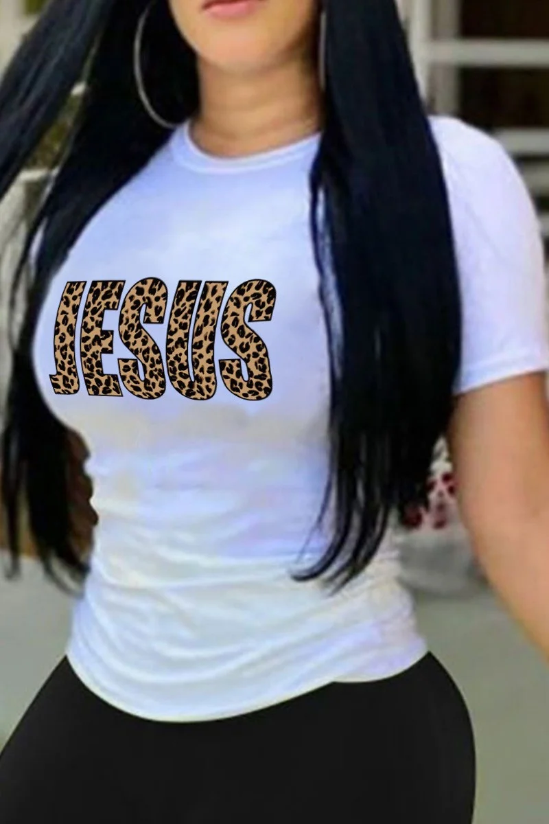 White Casual Letter Print Basic O Neck T-Shirts