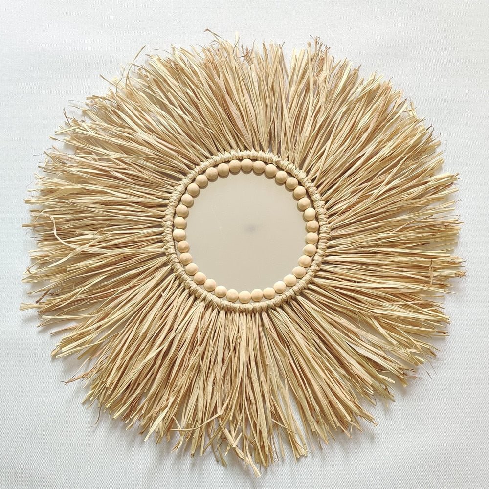 INS Nordic Round Woven Raffith Straw Mirror Moroccan Wood Beads Hanging Makeup Mirrors Wall Ornaments Homestay Home Decor Crafts