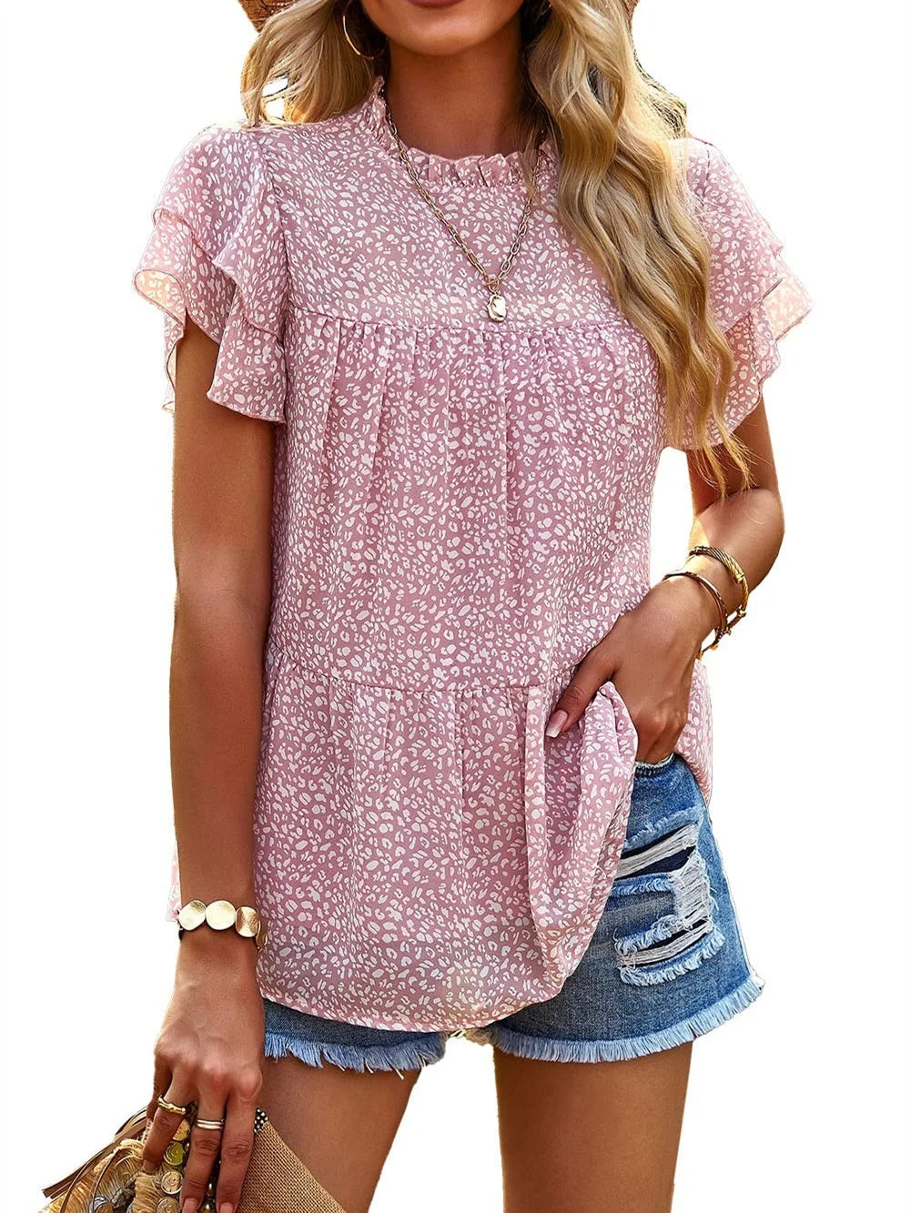 Women's Polka Dot Printed Short Sleeve Scoop Neck Top