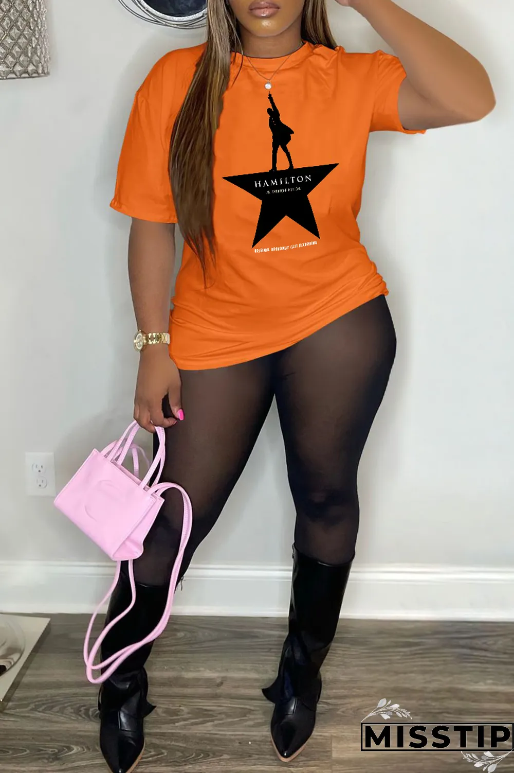 Orange Casual Street Print Patchwork O Neck T-Shirts