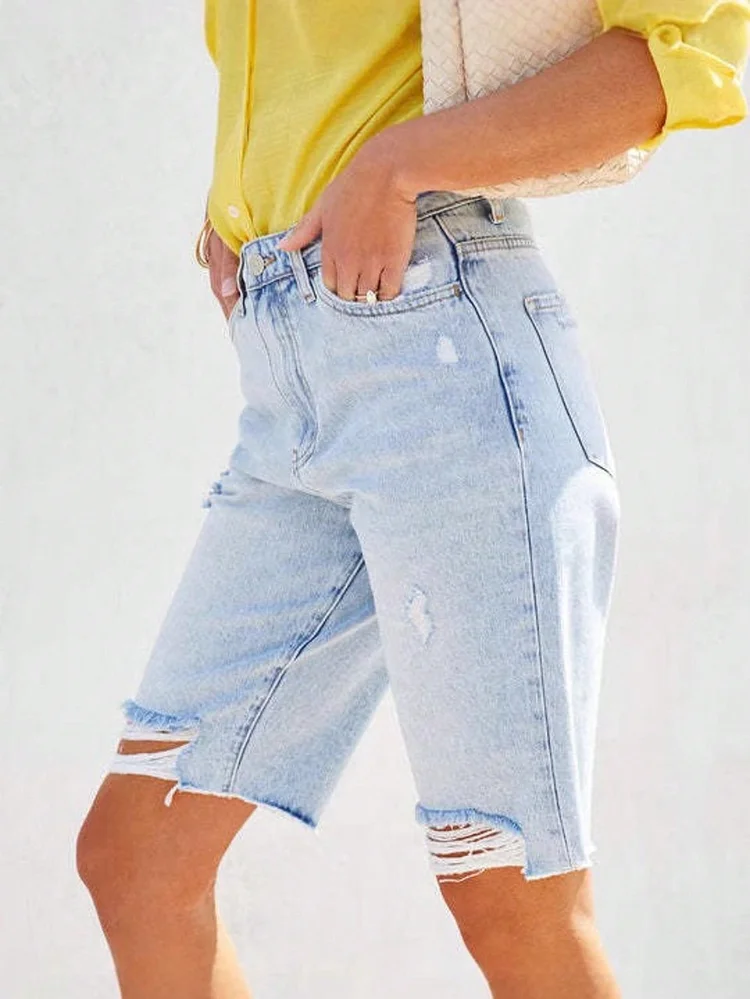Women's Stretchy Non-See-Through Denim Bermuda Shorts - Mid-Rise Casual Summer Shorts, Machine Washable Everyday & Formal Outfits For Parties, Outings, Office - Trendy Women's Fashion Shorts, Party Wear, Bohemian Chic, Comfortable Fit, Party Goers
