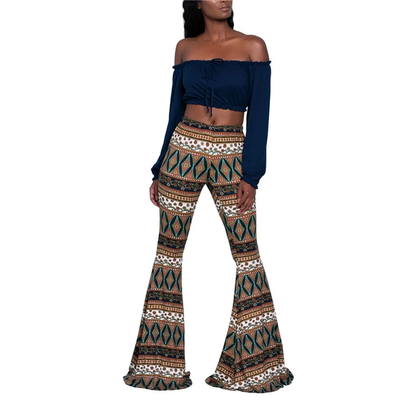 Women Pants New Baggy Flared Pants Boho Style Floral Hippie Wide Leg Gypsy Palazzo Casual Trousers Ladies Bell-bottomed Trousers