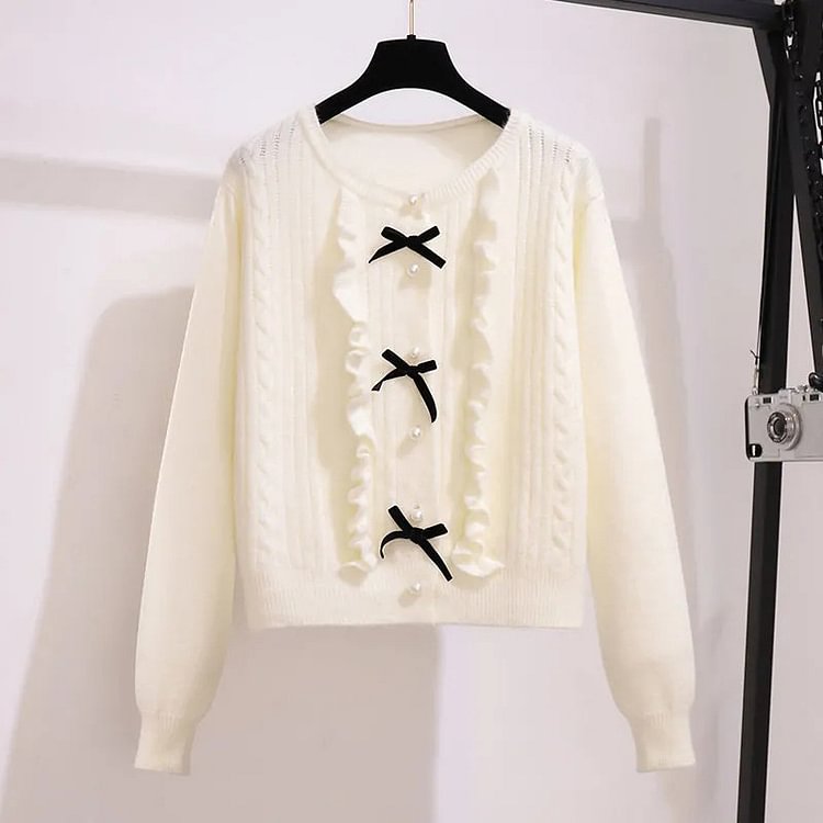 Button Front Knit Sweater Pocket Plaid Skirt Set - Modakawa modakawa