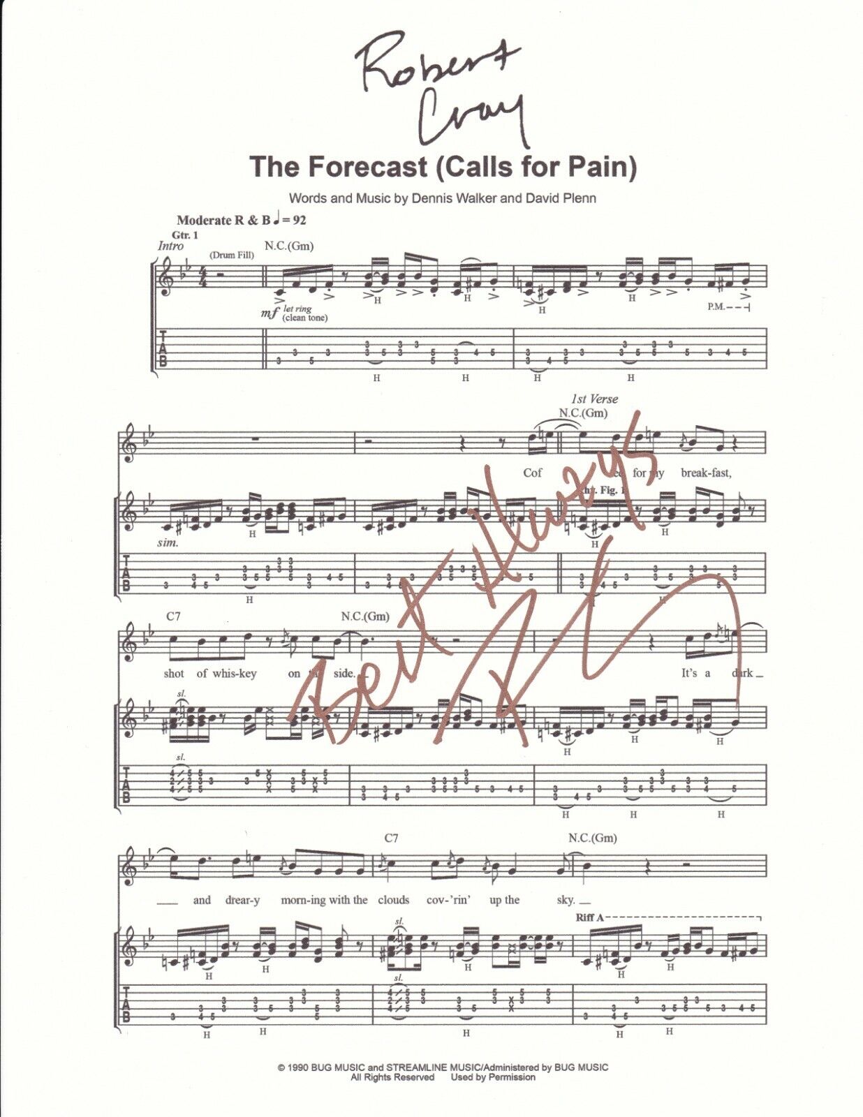 Robert Cray REAL SIGNED The Forecast Calls For Pain Sheet Music COA Autographed