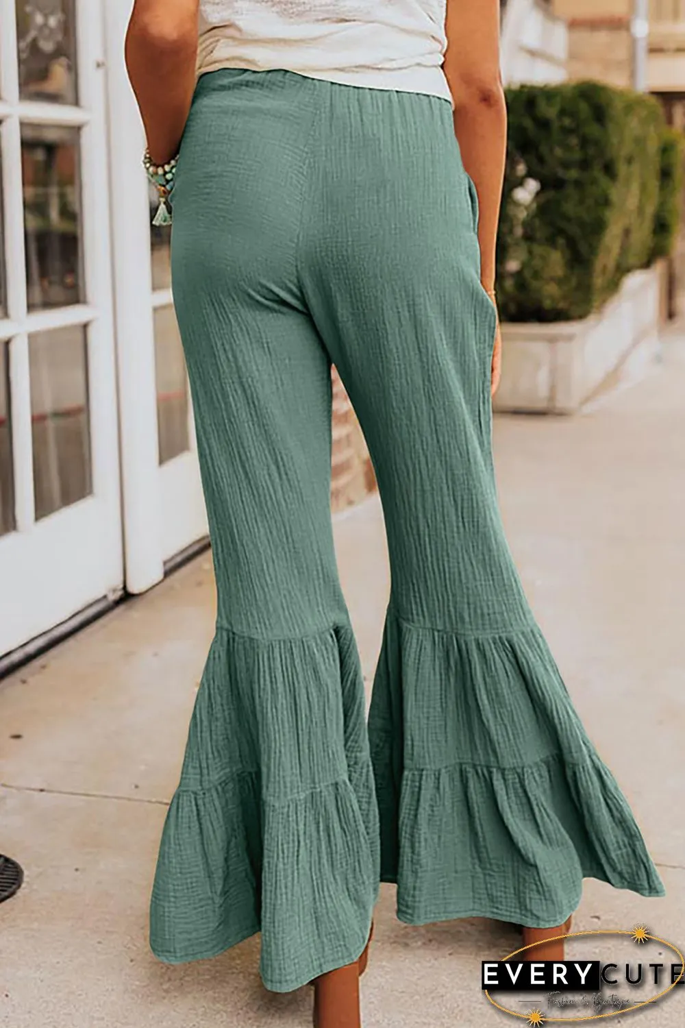 Green Textured High Waist Ruffled Bell Bottom Pants