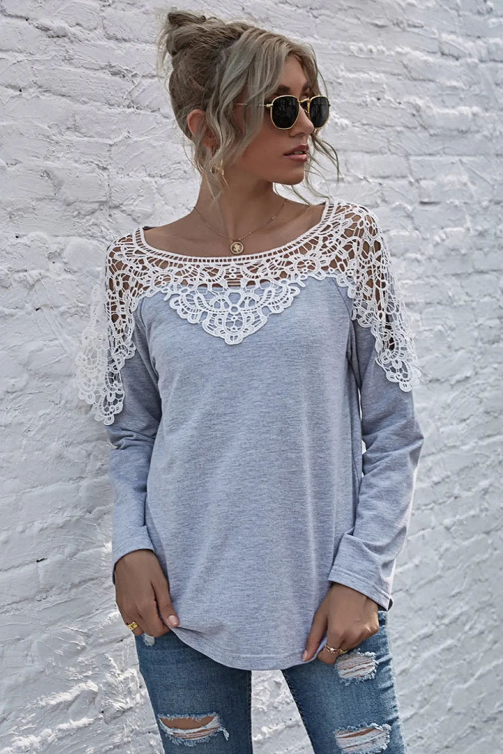 Crochet Shoulder Detail Long Sleeve Top