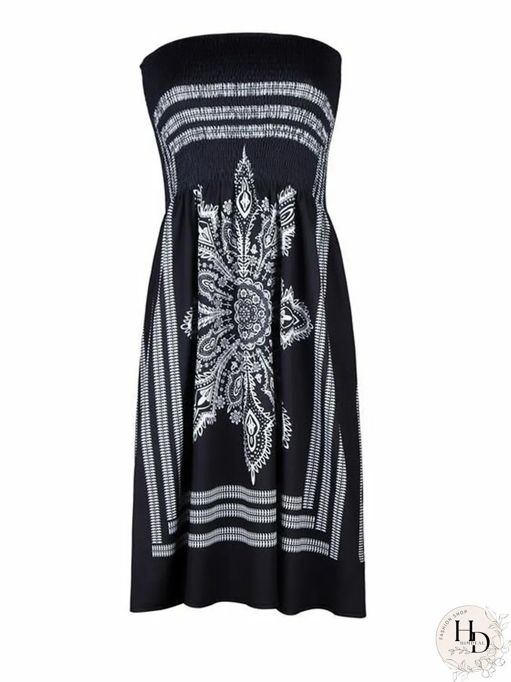 Tribal Print Shirring Strapless Sexy Midi Tube Dress