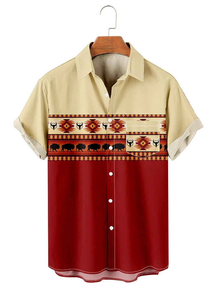Men's Simple Retro Western Denim Stitching Casual Shirt