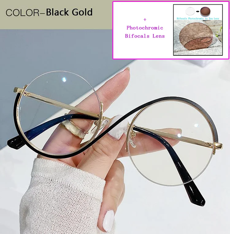 New Women Round Metal Semirim Photochromic Bifocal Reading Sunglasses Female Presbyopia Hyperopia Glasses Custom Lens