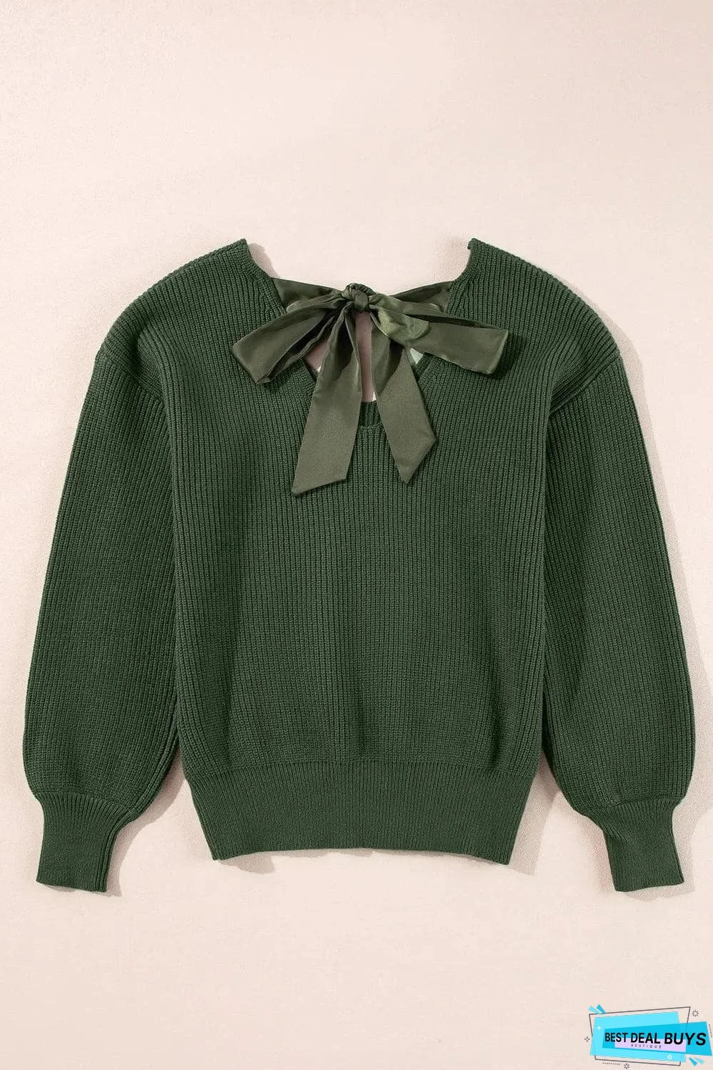 Jungle Green Lantern Sleeve V Neck Knot Back Sweater