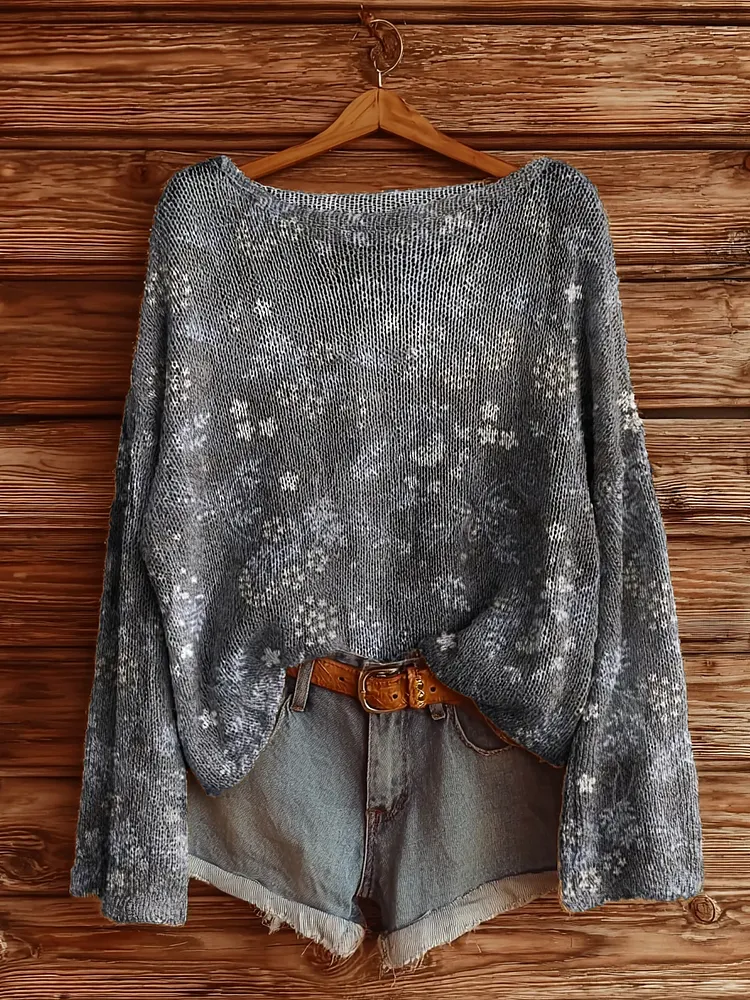 Women's Vintage Floral Art Print Casual Pullover Sweater