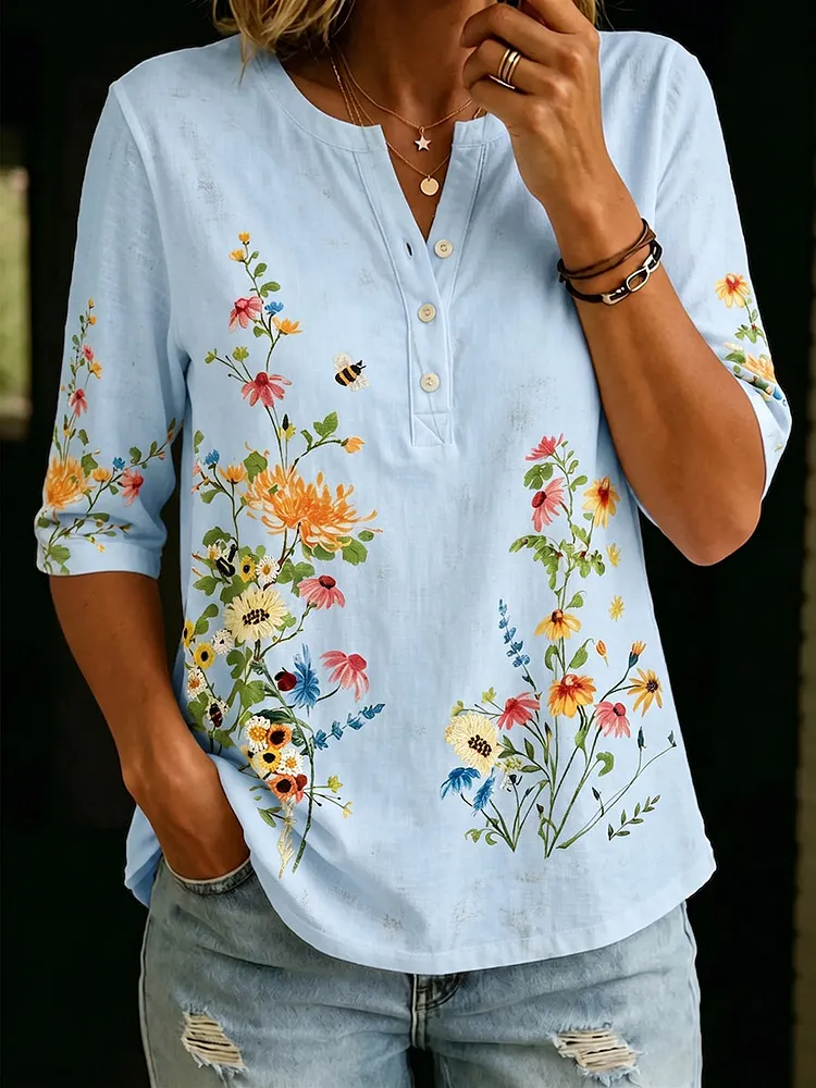 "Floral Whispers" &mdash; Bouquet-print Cotton T-shirt With Elbow-length Sleeves