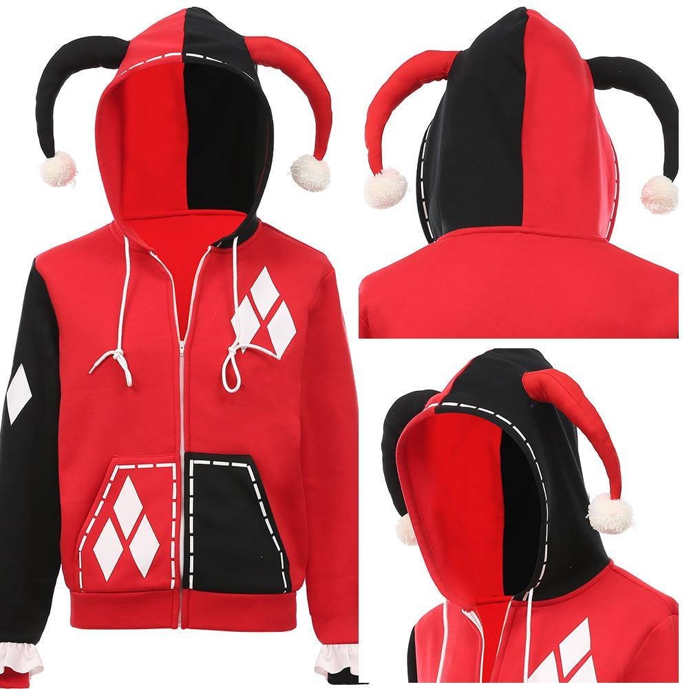 Harley Quinn Cosplay Kostüm Hoodie mit Kaputze Jacke Sweatshirt Halloween Karneval Pulli für Mädchen