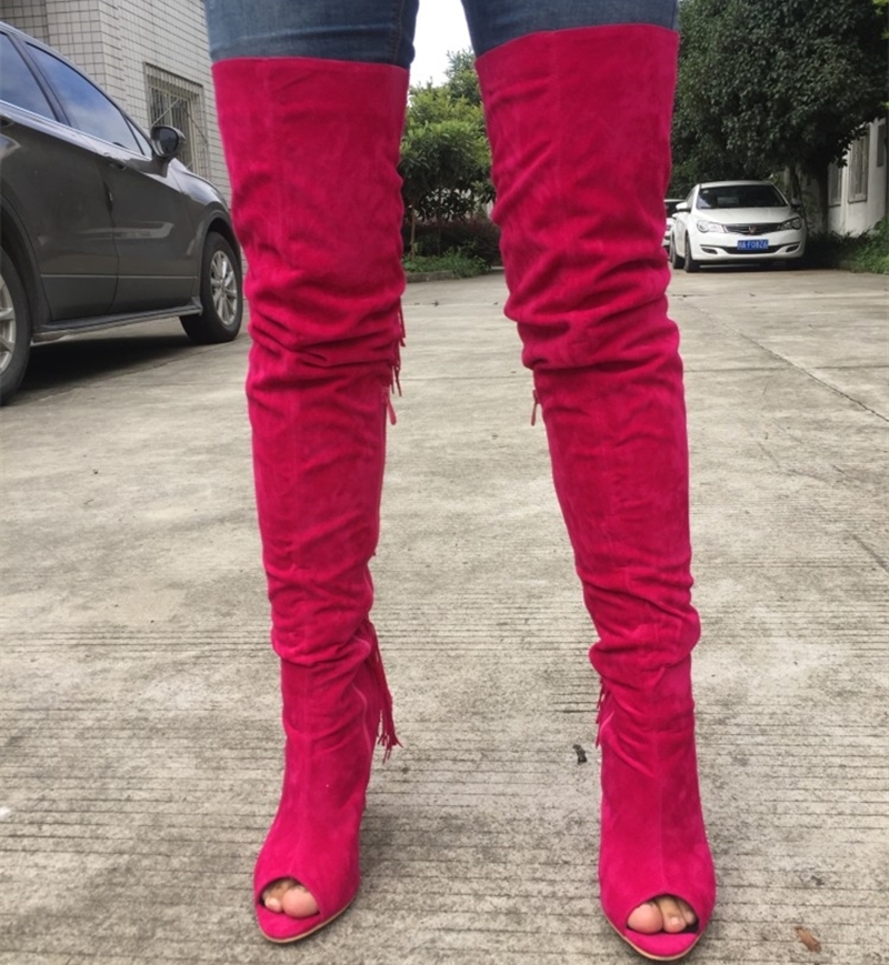 GOOSHOE Shoes Peep Toe Back Fringe Thigh High Boots City High Heel Shoes