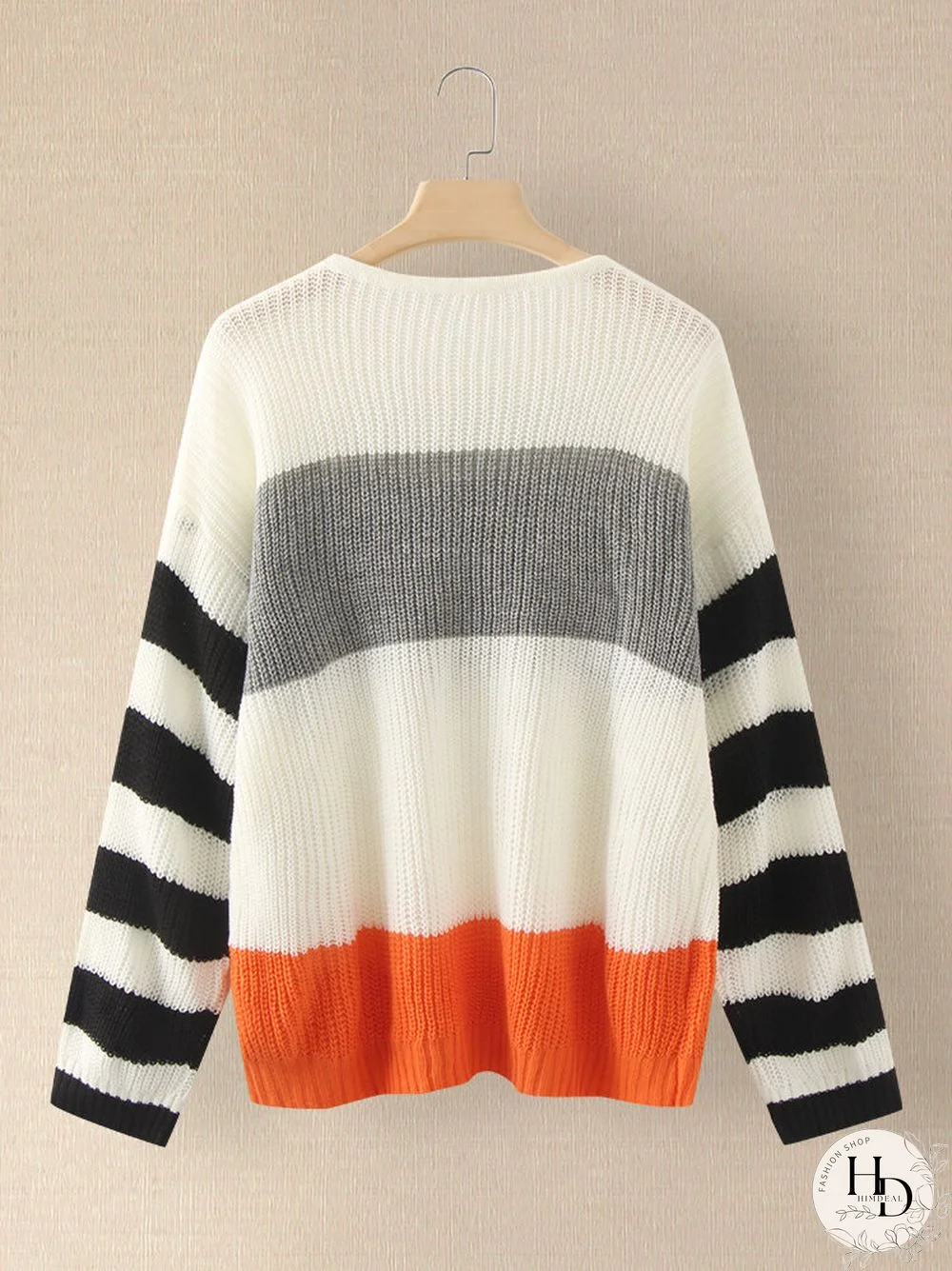 Contrast Color Stripe Long Sleeve O-neck Knit Sweater