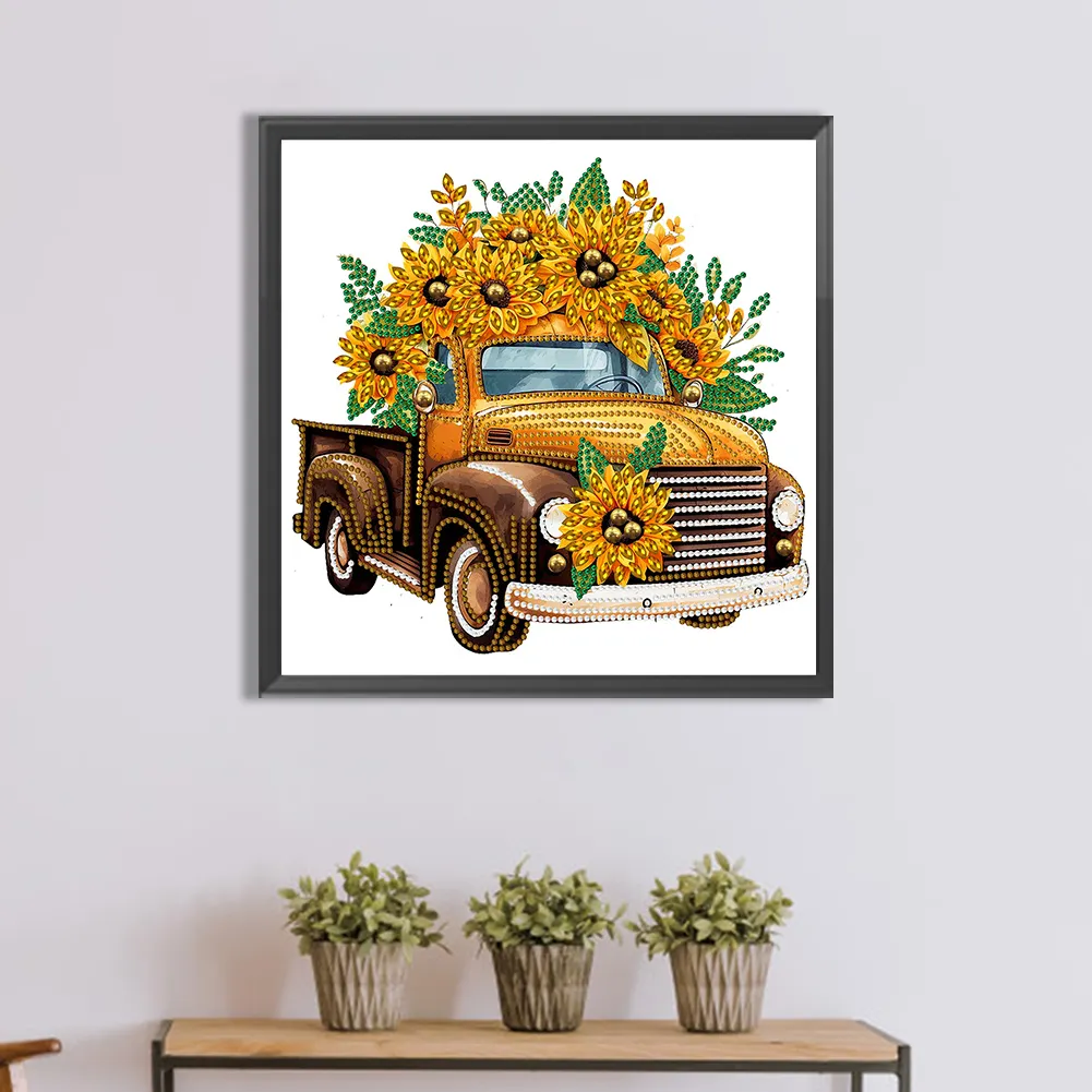 Diamond Painting - Partial Special Shaped Drill - Sunflower Classic Car(Canvas|30*30cm)