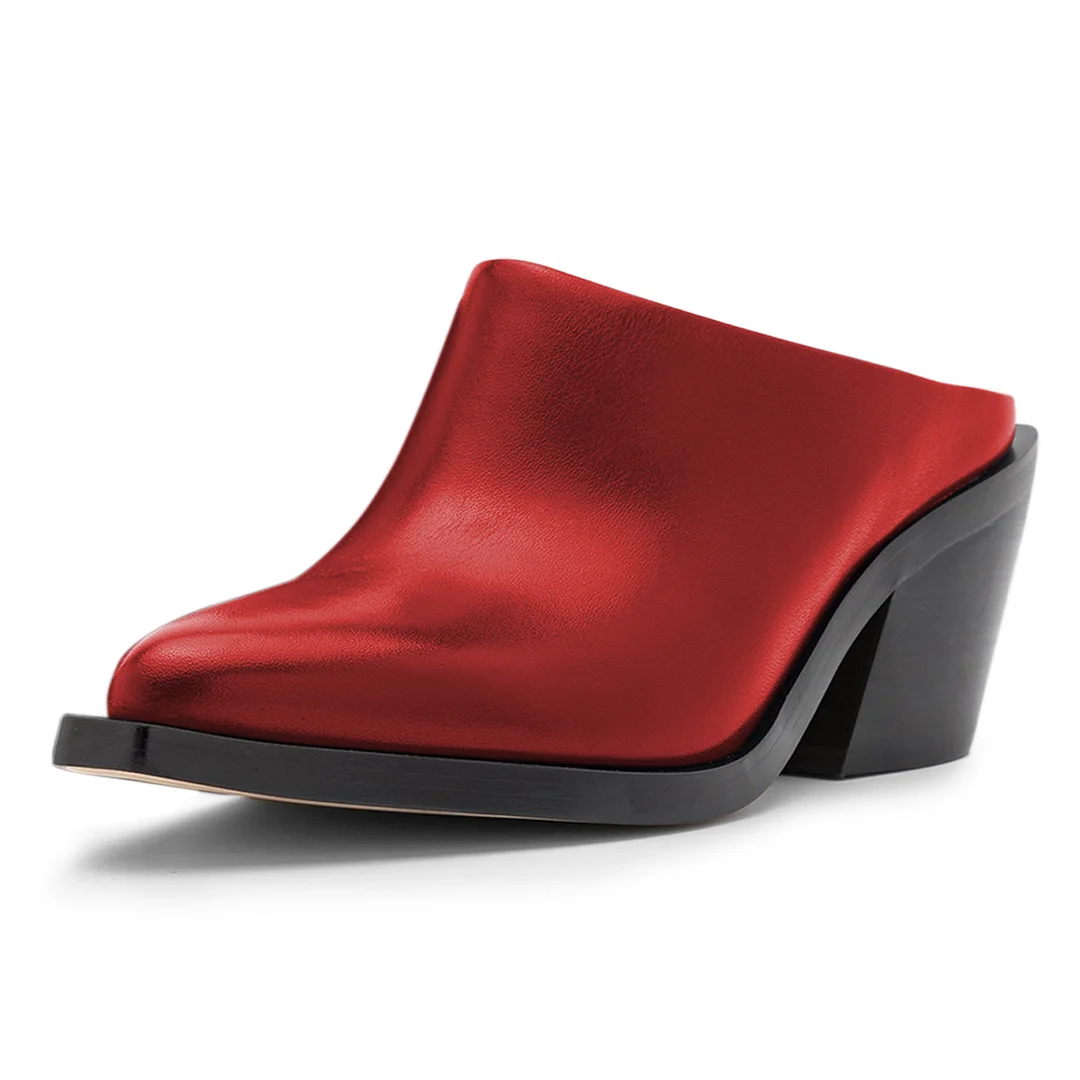Metallic Touch Vegan Leather Snip Toe Block Heel Mules in Red