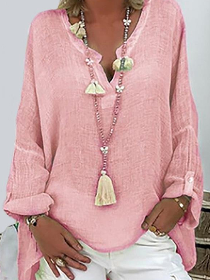 Women's Plus Size T shirt Solid Colored Long Sleeve V Neck Tops Loose Basic Top White Black Blushing Pink-806